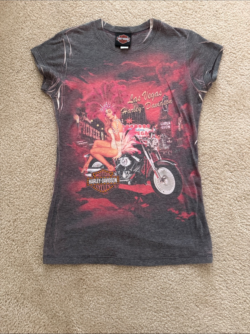 Harley-Davidson Charcoal and Pink Las Vegas Showgirl Graphic Tee